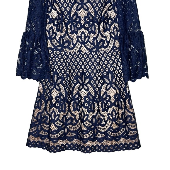 Eliza J Navy Blue Lace Over Nude Dress with Bell Sleeves, Size Medium (10) - Picture 9 of 15